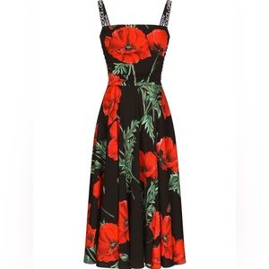 Dolce&Gabbana Red Poppy Print Mid-length Dress New